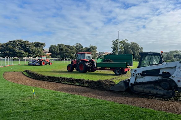 The turf is stripped at Bruce Lee Reserve in Beaconsfield following a sewage spill earlier this month. 