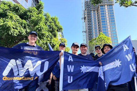 Maxwell Buhre, Jacinta Hedus and Matt Johnson of the AWU at Brisbane’s Labour Day march.