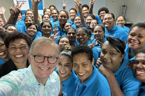 Anthony Albanese in Suva with Fijian workers, who he said were gaining a TAFE qualification to work in nursing homes in regio<em></em>nal Queensland.