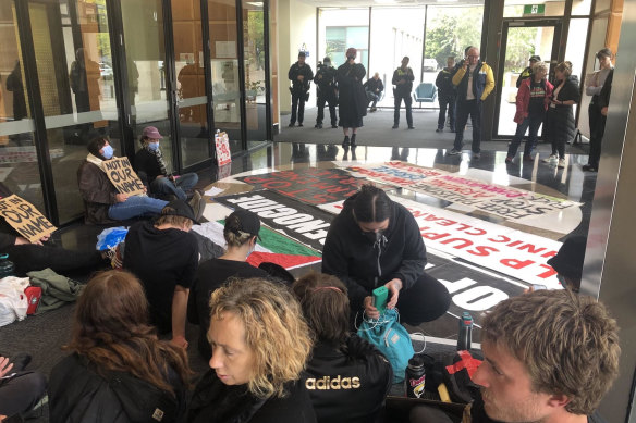 Dozens of pro-Palestine activists protesting at Defence Minister Richard Marles’ Geelong office last November.