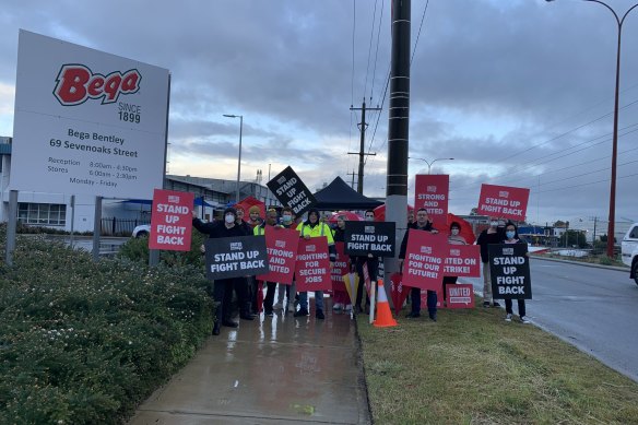 Bega workers on strike outside the company’s Bentley plant on Monday.