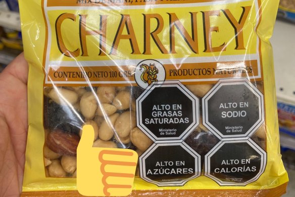 In Chile, black warning labels shaped like stop signs are mandatory for packaged food and drinks with high levels of sugar, salt, saturated fat or calories.
