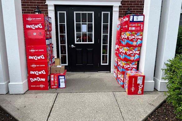 The delivery of Dum-Dums lollipops left outside the building.