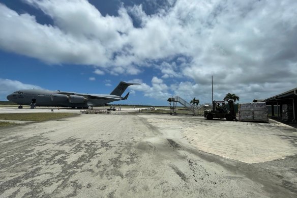 A Royal Australian Air Force C-17A Globemaster III aircraft delivers the first load of Australian Aid to Tonga’s Fua’Amoto international airport on Thursday.