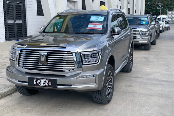 Chinese Tank-500 SUVs seen in Honiara on Tuesday, September 9. The Chinese government has supplied 27 of them to the Solomons to help ferry dignitaries to the Pacific Islands Forum. 