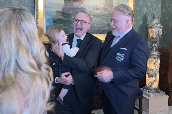 Prime Minister Anthony Albanese  with Sandilands and son Otto at the radio host’s wedding last year.