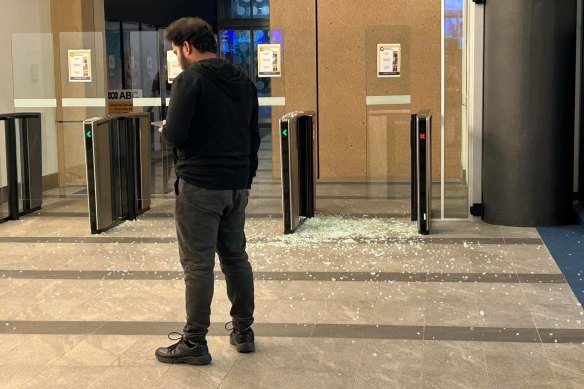 A glass barrier broken at the ABC’s Ultimo building.