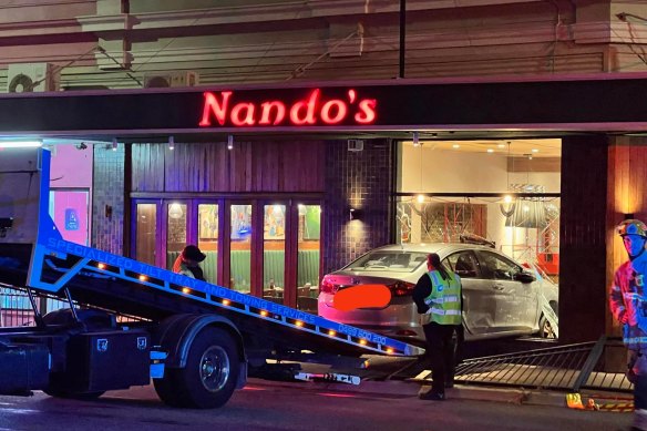 A Honda sedan crashed into a Nando’s at Mount Lawley on Saturday night.