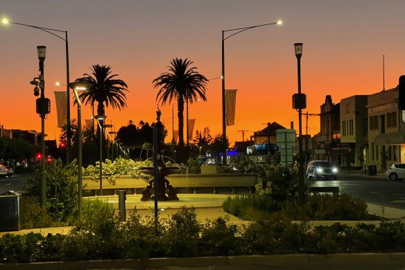 Mildura’s main street as the sun sets on day one of a road trip across Australia.