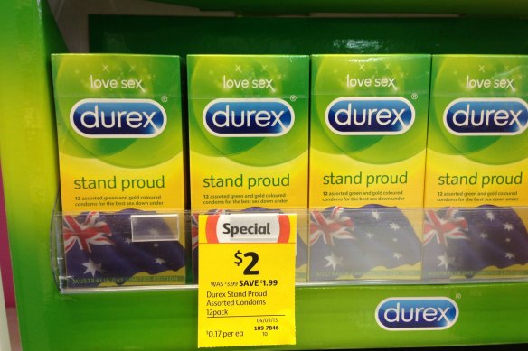 Patriotic condoms on sale at the supermarket in 2013.  Evidently, they didn’t find a market.