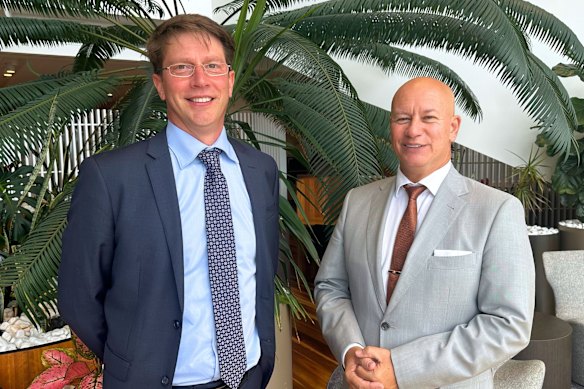 Then-newly appointed Queensland Department of Customer Services, Open Data and Small and Family Business director-general Chris Lamont and his minister Steve Minnikin early last year.