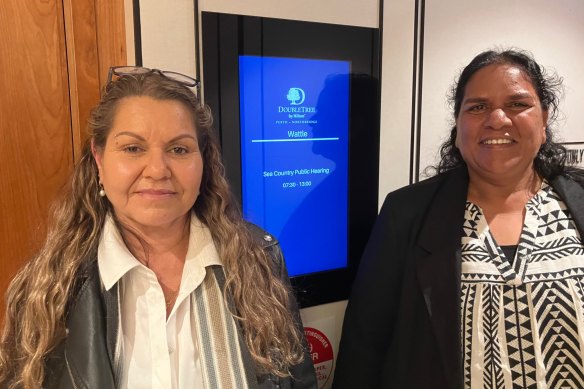 Mardudhunera woman Raelene Cooper (left) and Josie Alec at the senate inquiry. 