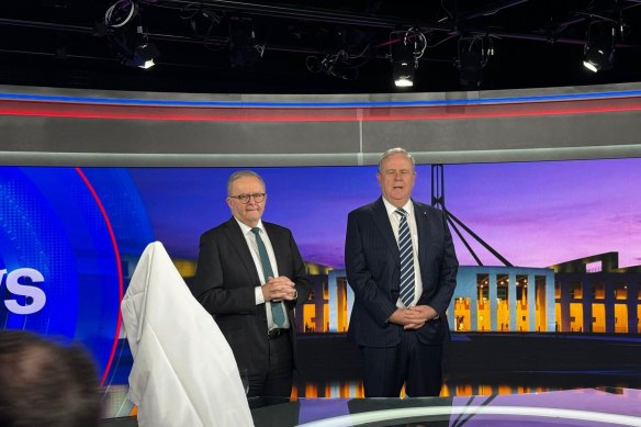 Prime Minister Anthony Albanese with Costello at the launch of Nine’s new Canberra bureau.