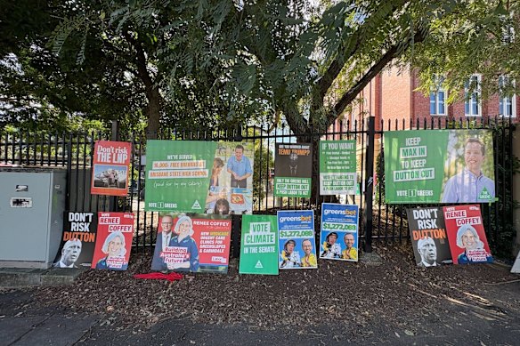 Griffith election corflutes outside Brisbane State High School in South Brisbane.