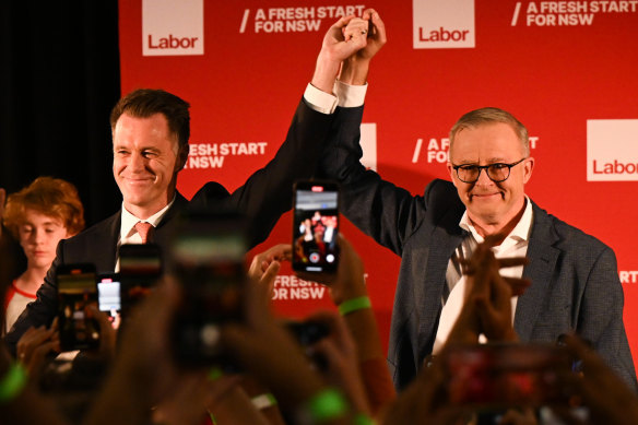 Labor leader Chris Minns and Prime Minister Anthony Albanese appear before party supporters at the election night function in Sydney’s Brighton-Le-Sands.