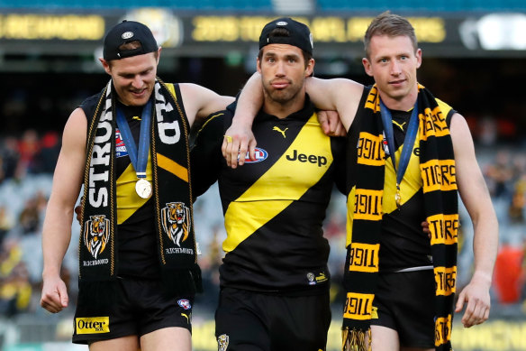 David Astbury, Alex Rance and Dylan Grimes after Richmond's premiership win this year.