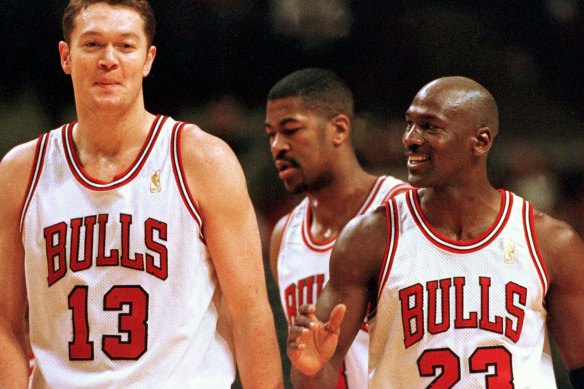Luc Longley and Michael Jordan pictured in 1997.