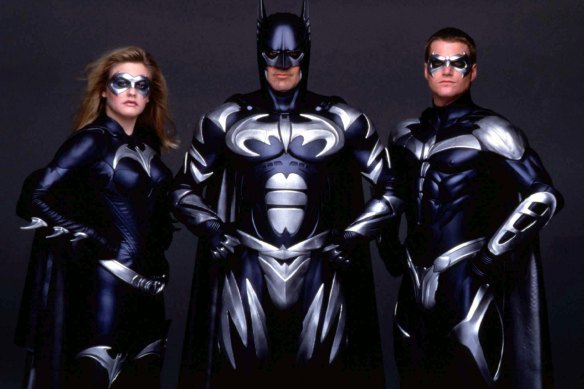 George Clooney as Batman with Alicia Silverstone as Bat Girl and Chris O’Donnell as Robin from Batman & Robin.