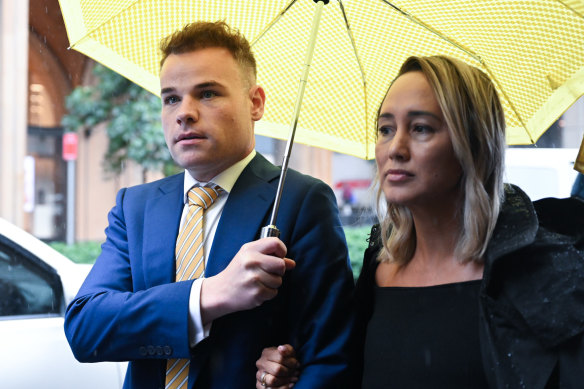 Taylor Auerbach leaves Federal Court with his lawyer Rebekah Giles after giving evidence in the Bruce Lehrmann defamation case in Sydney in April. 