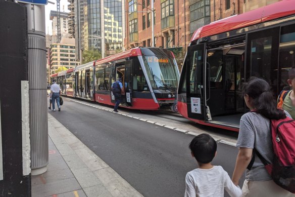 NSW Police board a tram stalled on Sydney's George Street. 