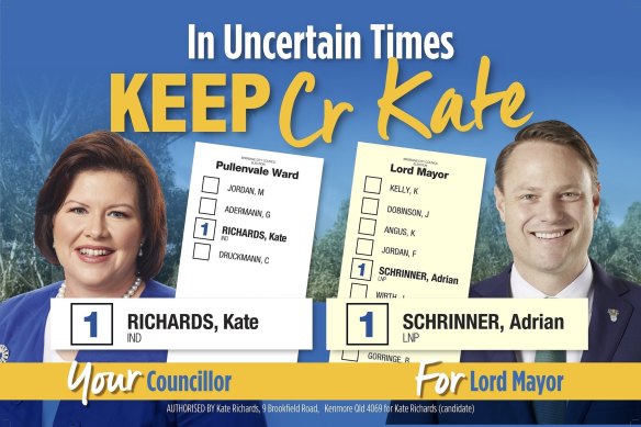 In 2020, after Kate Richards was disendorsed by the LNP, she ran as an independent but her election material still told voters to vote one for LNP incumbent Adrian Schrinner.