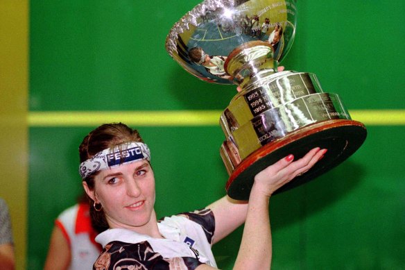 Sarah Fitz-Gerald wins the first of her five World Open squash titles in Malaysia in 1996. 