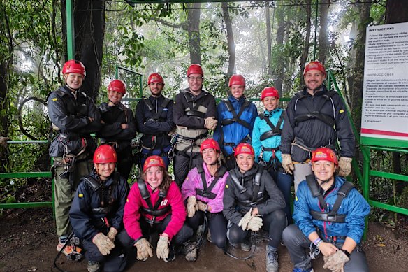 One benefit of group travel is that you never have to zip line alone.
