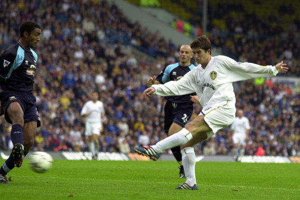 Harry Kewell scores his first goal for Leeds against Derby County in 2001.