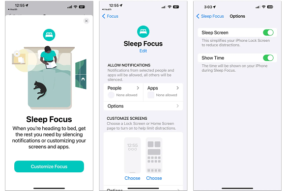 Apple’s iOS software includes a Focus menu, which allows you to temporarily block certain people and apps from disturbing you. In the Sleep Focus mode, you can also give your phone’s screen a calmer, simpler look so it’s less visually stimulating when you’re in bed.