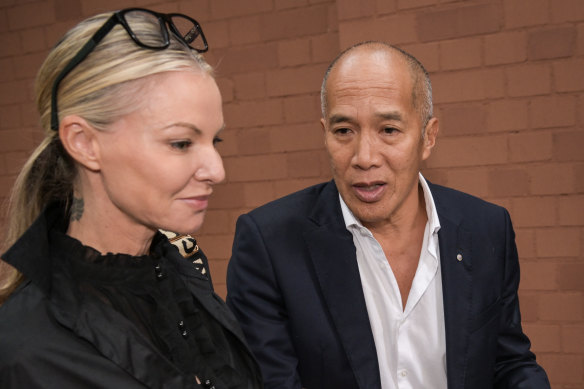 Neurosurgeon Charlie Teo and his partner Traci Griffiths outside the hearing this week.