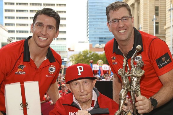 WA businessman and philanthropist Jack Bendat with former captain Damian Martin and coach Trevor Gleeson.