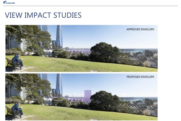 Developer Aqualand's depiction of the impact of the proposed building view in Central Barangaroo, contained in a document submitted to the Planning Department.