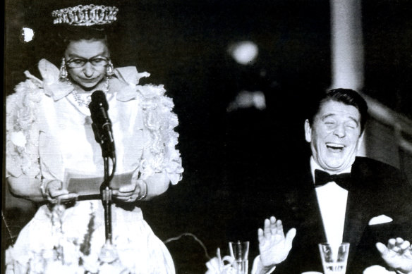 President Reagan cracks up at a deadpan joke by the Queen about California’s “abominable weather” in 1983. 