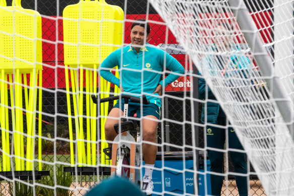 On her bike ... Sam Kerr at Sunday’s trining session.