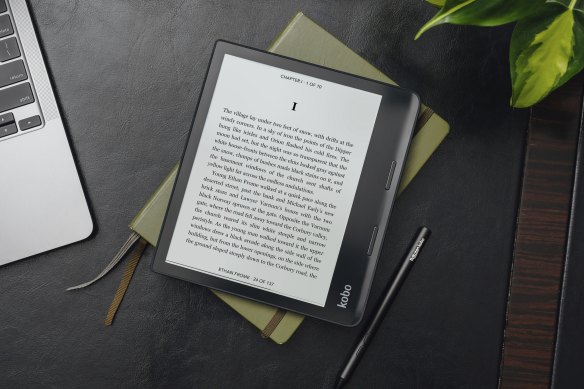 The Kobo Sage has a bigger screen than any Kindle, is comfortable to hold, works with e-books you get from other stores or the local library, plays audiobooks and can become a notepad with the sold-separately stylus. 