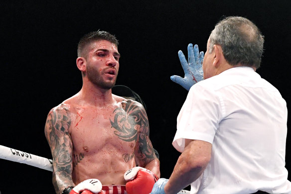 Michael Zerafa gets a standing count during the rematch between he and Jeff Horn.