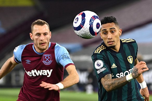 West Ham’s Vladimir Coufal and Raphinha of Leeds battle for possession.
