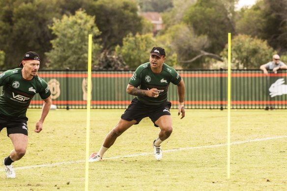 The suspended Latrell Mitchell completed extras after Souths training.