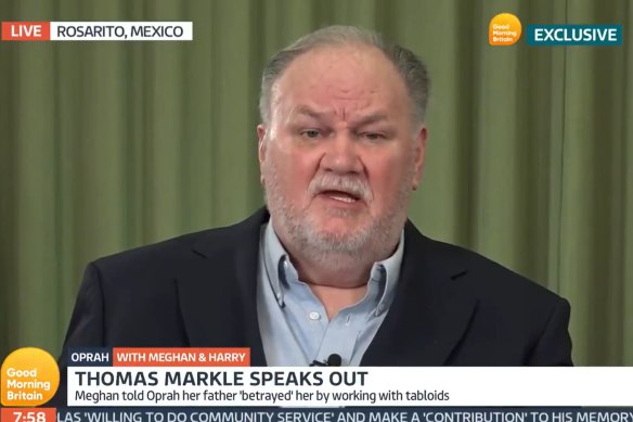 A screenshot of Thomas Markle being interviewed on Good Morning Britain in 2021.
