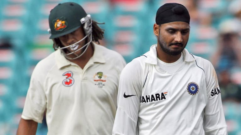 Powderkeg: Harbhajan Singh and Andrew Symonds at the SCG in 2008.