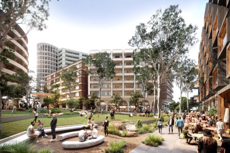 The 20,000-square-metre precinct will feature six buildings (four of them residential) set around a central green square.