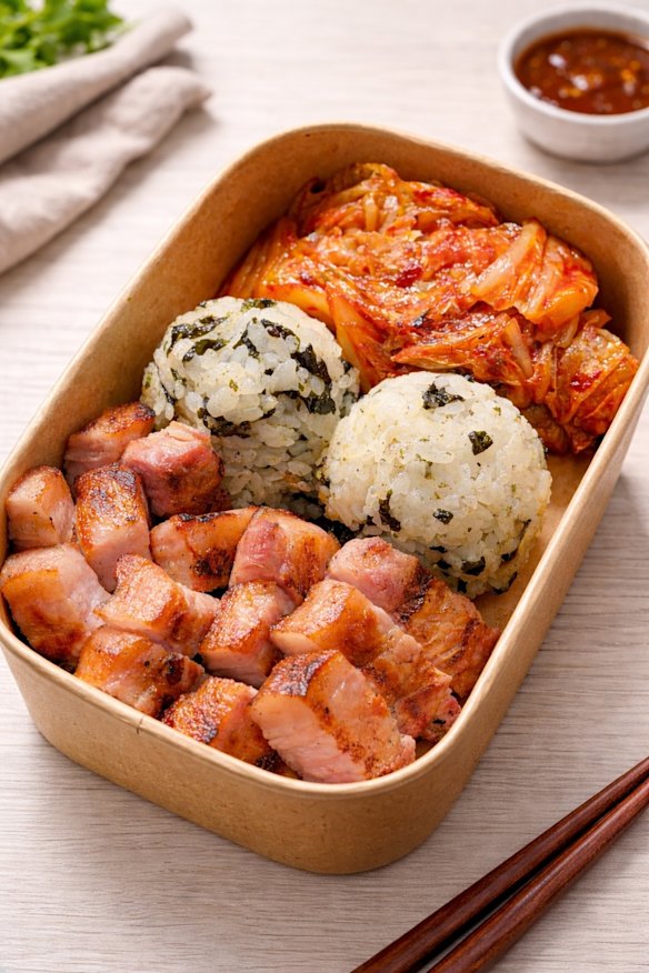 Dodam's K-BBQ lunch box with grilled pork belly, seaweed rice balls and grilled kimchi.