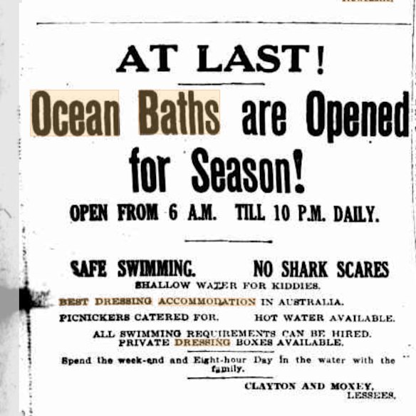 An advertisement for the opening of the Newcastle Ocean Baths in 1922 promises no sharks and the “best dressing accommodation in Australia”. 