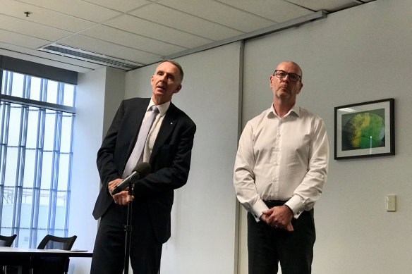AAP chairman Campbell Reid and CEO Bruce Davidson announcing the closure in March 2020. The news wire was rescued  months later.