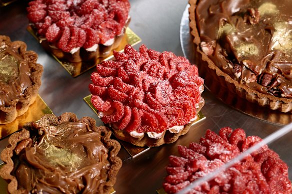 Eclair at the Bay's white chocolate ganache tart with raspberry coulis. 