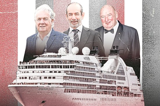 St Kilda powerbrokers Gerry Ryan, president Andrew Bassat and Lindsay Fox, who celebrated his birthday aboard the Seabourn Quest.