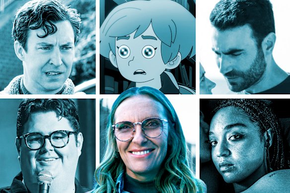 Clockwise: English Teacher, Haunted Hotel, All of You, Caleb Hearon: Model Comedian, Wayward, Watching You.