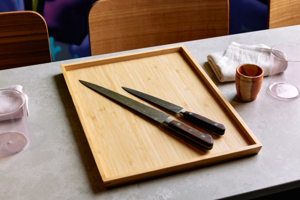 Baldwin’s prized Japanese knives, gifted to her by Exhibition owner Tim Scott.