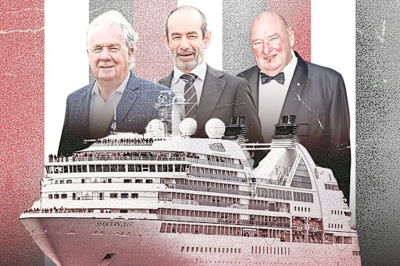 St Kilda powerbrokers Gerry Ryan, president Andrew Bassat and Lindsay Fox, who celebrated his birthday aboard the Seabourn Quest.