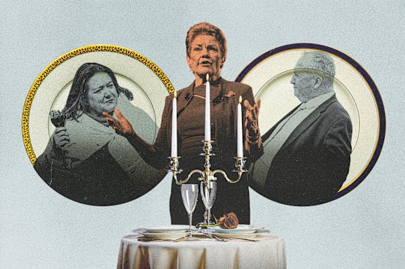 Pauline Hanson and Barnaby Joyce have attended fundraising dinners hosted by mining billionaire Gina Rinehart (left).